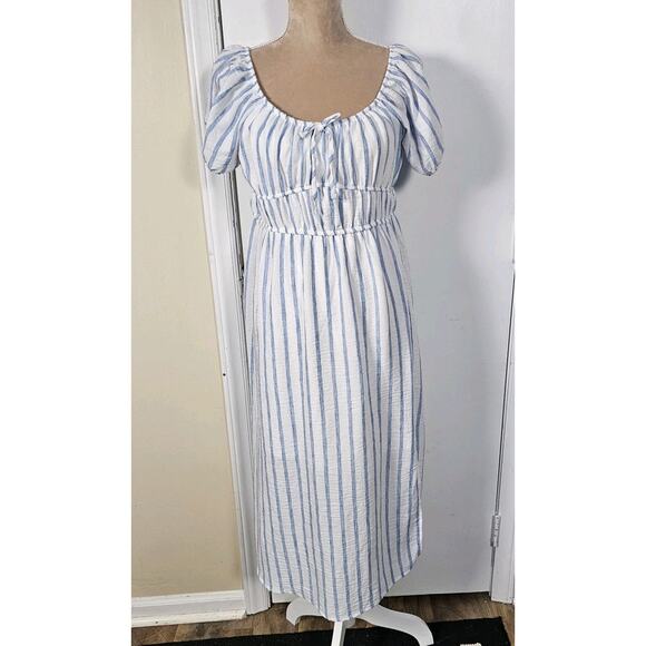 Free for All Dress Women’s Puff Sleeve Cottage Milkmaid Blue White Stripe Sz XL - Picture 3 of 7